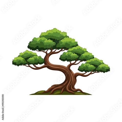 Majestic Bonsai Tree with Lush Green Canopy and Gnarled Trunk