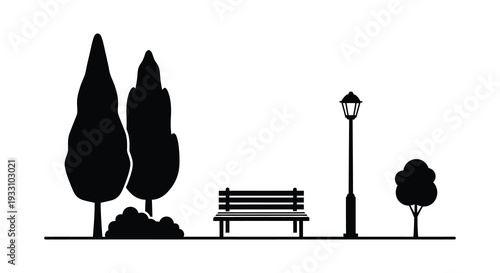 Simple black and white illustration of a park scene with trees a bench and lamp