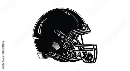 A black and white illustration of an american football helmet in profile view
