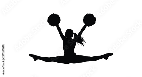 Silhouette of a cheerleader performing a split jump with pom poms