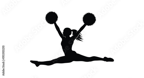 Silhouette of a cheerleader performing a split jump with pom poms raised
