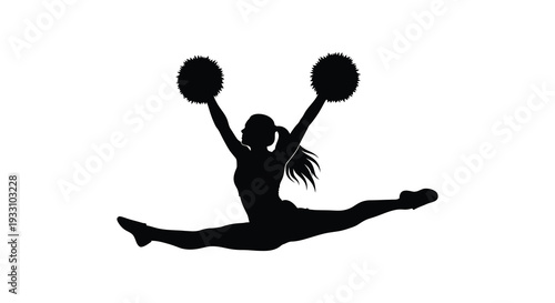 Silhouette of a cheerleader performing a split jump with pom poms