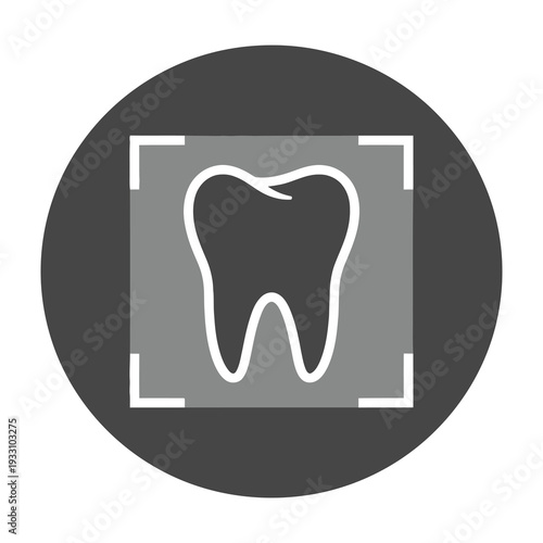 Minimalist tooth icon graphic framed in a square design on a dark circular background for dental care concepts