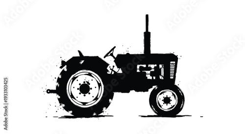 Stylized black and white illustration of a vintage farm tractor side view