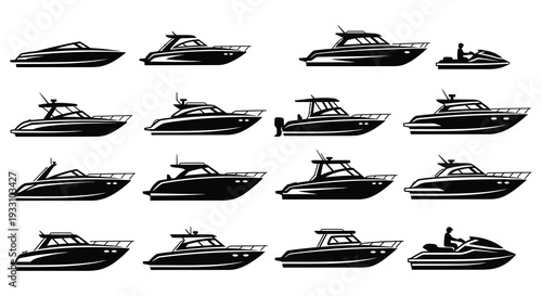 Black and white illustration showcasing various types of recreational boats and jet skis