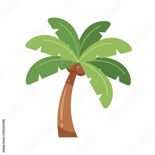 Cartoon palm tree with green fronds and brown trunk, isolated on white background, tropical icon