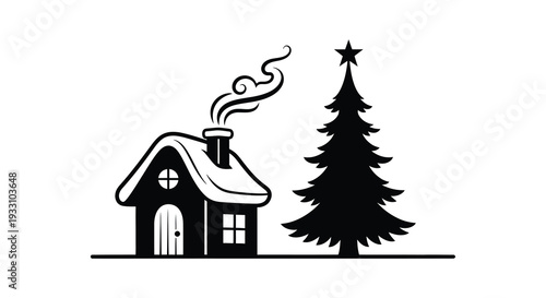 Black and white illustration of a cozy house with a christmas tree and smoke