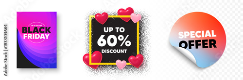 Discount tag photo frame 3d hearts. Special offer sticker banner. Up to 60 percent discount. Sale offer price sign. Special offer symbol. Save 60 percentages. Black friday poster. Vector