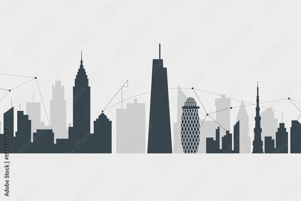 Obraz premium Abstract city skyline silhouette with network connections. Smart city technology and global communication concept