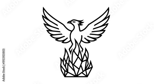 Phoenix bird illustration rising powerfully from abstract geometric flames, representing strength, renewal, and growth. This clean vector outline drawing embodies resilience, transformation, and rebir