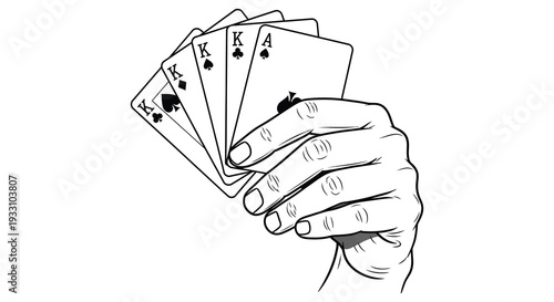 A hand holding four playing cards three kings and one ace