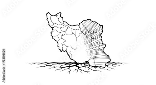Detailed outline map of Iran displaying its internal provincial borders, with visible cracks on the ground beneath and emanating stress lines within the territory, abstractly .