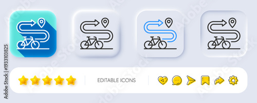Bike path line icon. Neumorphic, Flat shadow, 3d buttons. Delivery bicycle transport sign. Sport activity symbol. Line bike path icon. Social media icons. Vector
