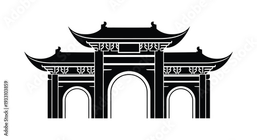 Stylized black and white illustration of a traditional east asian temple gateway