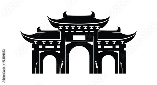 Stylized black and white illustration of a traditional east asian pagoda gateway
