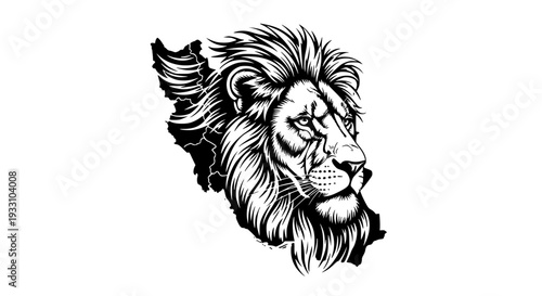 Striking black and white graphic illustration merging a powerful lion head portrait with the detailed map silhouette of a Middle Eastern nation against a clean white background.