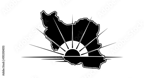 Black silhouette map of Iran depicting a stylized rising sun emblem, symbolizing dawn, hope, and new beginnings. This graphic illustration offers a clear visual representation of the Middle Eastern 