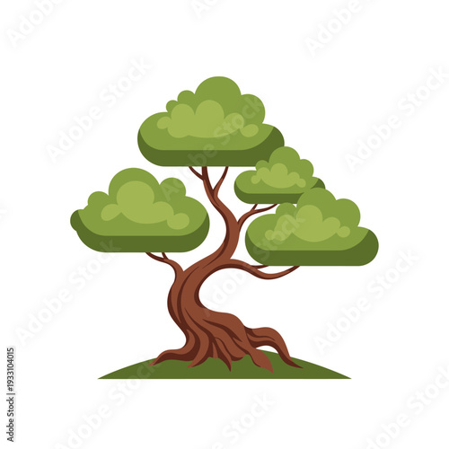 Stylized Bonsai Tree with Lush Green Foliage on a Hill