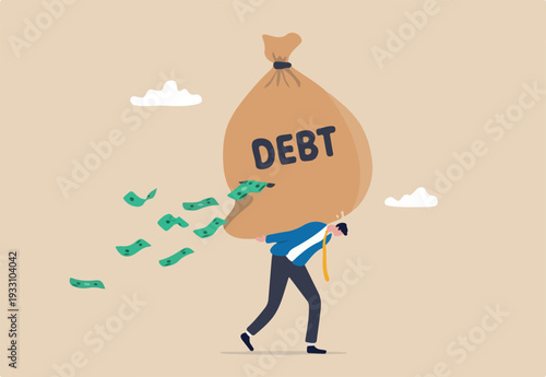 Debt burden, financial obligation or loan payment, heavy load of money failure, mortgage or borrowing money problem concept, tried businessman carrying big debt money bag losing money banknotes.