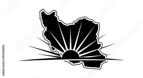 Map of Iran outline featuring a stylized sunrise symbol, presented as a monochrome vector illustration. This graphic icon depicts the country's geographical shape, suitable for national identity, trav