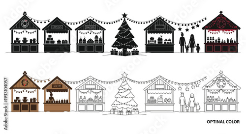 Line art illustration of christmas market stalls with winter decorations and people