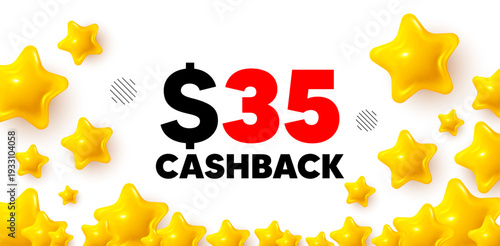 Cashback winner banner with 3d stars. Golden stars banner. 35 Usd cashback. Money back offer sign. Cash back promo symbol. Review rate background. Vector
