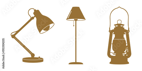 Interior lighting lamp silhouettes with modern floor and vintage lantern vector