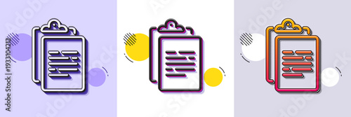 Clipboard document line icon. Halftone dotted pattern. Gradient icon with grain shadow. Agreement file sign. Survey record symbol. Line clipboard icon. Various designs. Vector