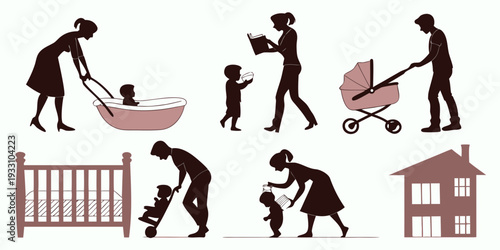 A sequence of a person preparing a baby's room and caring for a baby Vector