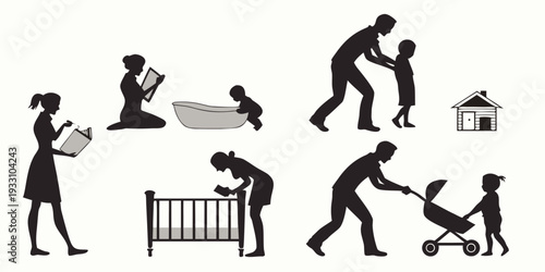 Diverse individuals performing various household chores and activities Vector