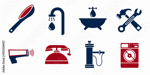 Assorted icons representing various tools and equipment for different trades and services. Vector