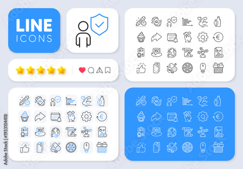 Surprise, Cable section and Sodium mineral line icons for web app. Message, Share, Like social media icons. Pack of Smartphone glass, Agreement document, Project deadline pictogram icons. Vector