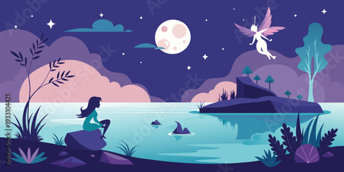 A dreamy night scene featuring a fairy lake and contemplative figure