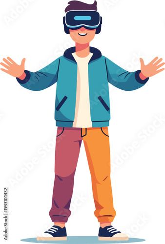 ragazzo con visore VR con vestiti multicolori, vettoriale
