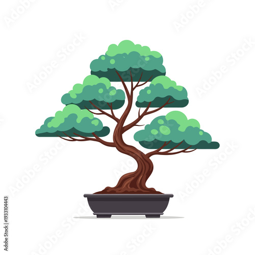 Stylized Bonsai Tree in Pot, Miniature Art Form, Green Foliage, Brown Trunk, Zen Garden Element
