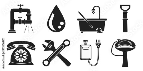 A collection of various tools and objects used in plumbing and household maintenance Vector