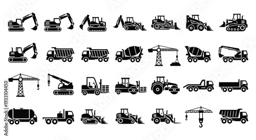 Collection of black silhouette icons depicting various construction vehicles and machinery