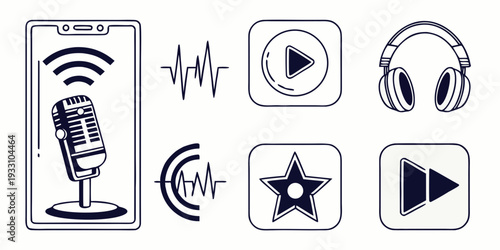 A collection of icons representing various audio and podcast-related functions Vector