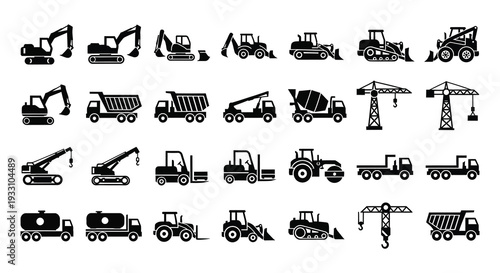 Collection of black silhouette icons depicting various construction vehicles and equipment
