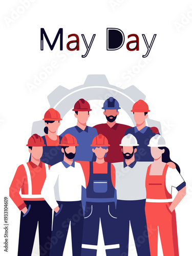 Group of business people team holding a banner sign together as a symbol of teamwork and success in a vector illustration MAY DAY