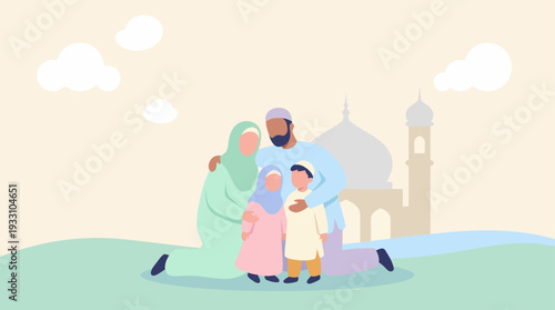 A Muslim family with children embraces in front of a mosque under a cloudy sky, symbolizing unity and faith