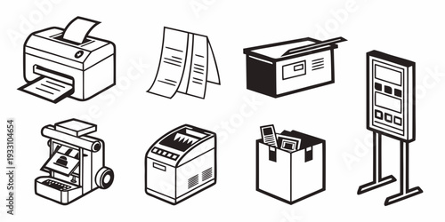 A collection of various office equipment and supplies in black and white Vector