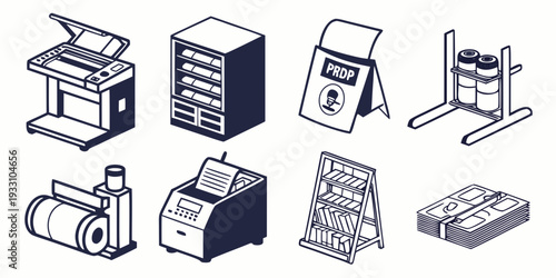 A collection of vintage office equipment and furniture in black and white Vector