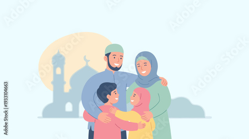 Muslim Family Embracing with Joy in Front of a Mosque Silhouette