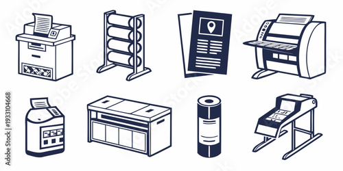 A collection of various office supplies and equipment for a modern workspace. Vector
