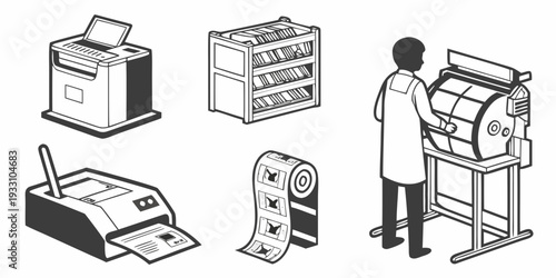 A person is using a fax machine to send a document to a recipient. Vector