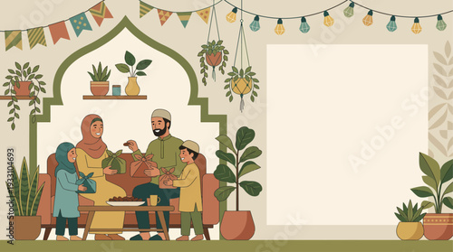 Warm Muslim Family Gathering at Home Celebrating Festive Occasion with Children Amidst Traditional Decorations and Green Plants
