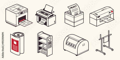 A collection of various office supplies and equipment for a productive workspace. Vector