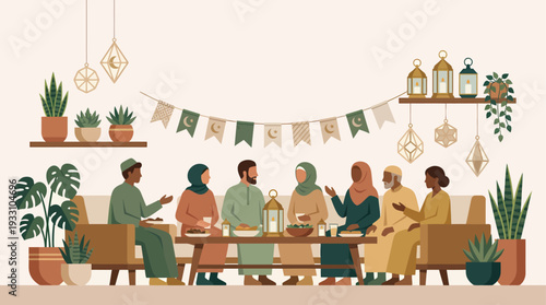 Diverse Muslim friends and family sharing a festive meal in a beautifully decorated home, celebrating unity and togetherness during a special occasion