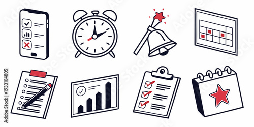 A collection of icons representing time management and productivity tools. Vector